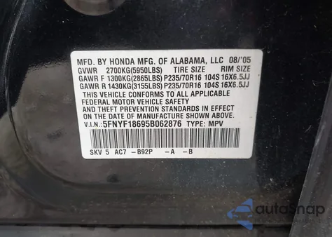 2005 Honda Pilot Ex-L from USA, damaged, VIN 5FNYF18695B062876